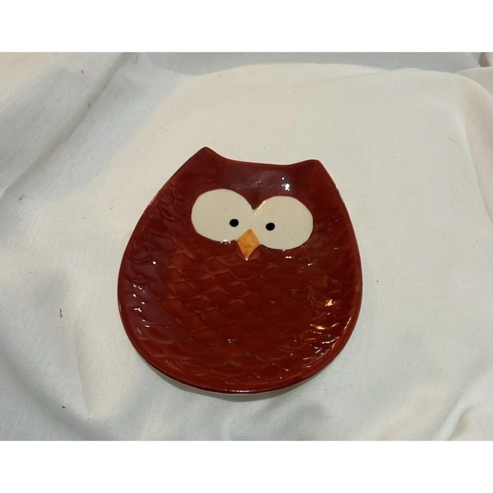 Ceramic Owl Trinket Dish‎ Red/burgandy
